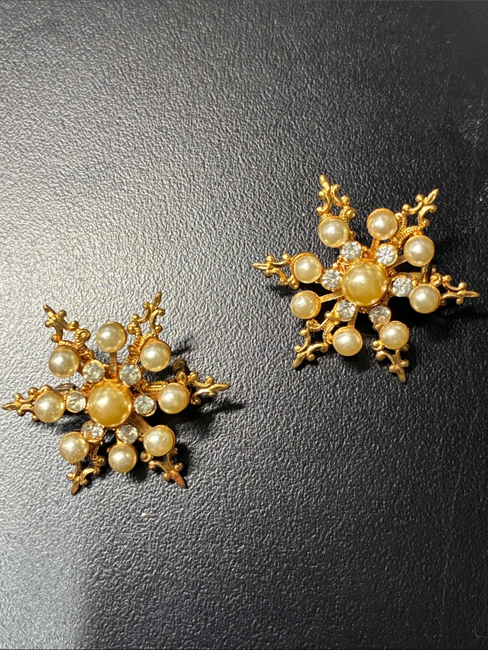 Vintage Gold-Tone Pearl & Crystal Snowflake brooches